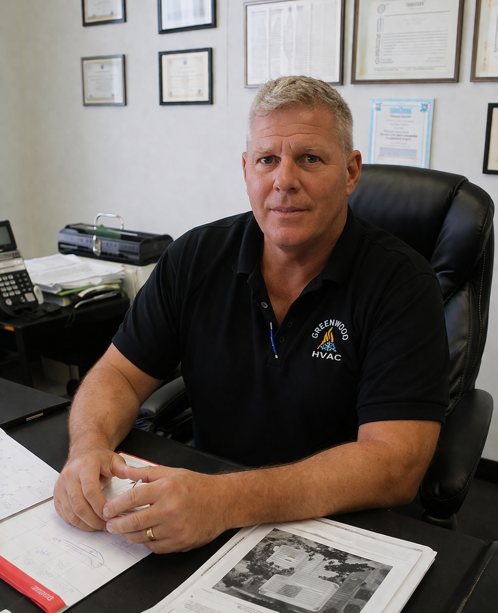 HVAC business owner reviewing numbers at his desk