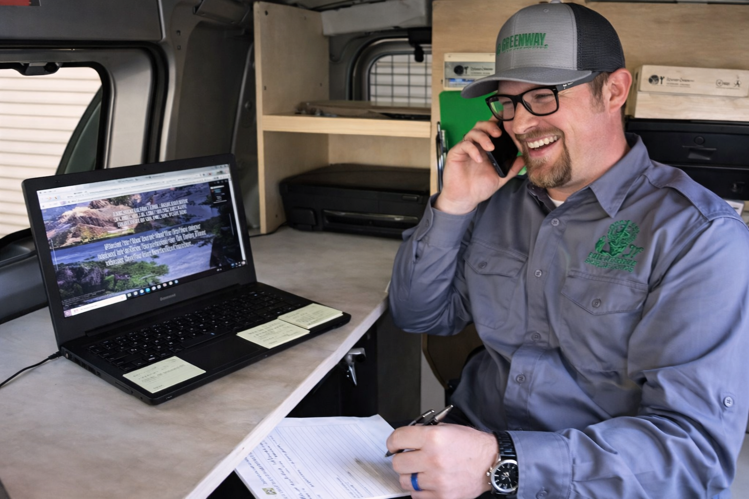 Landscape owner on a call by the van