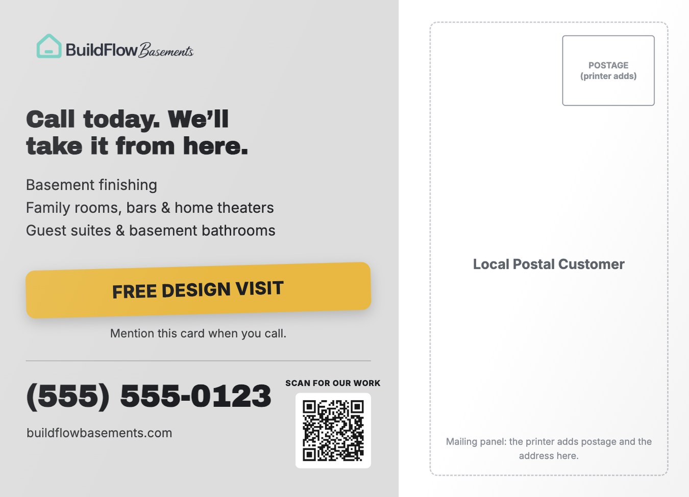 Postcard back: services, free design visit offer, phone and the mailing panel