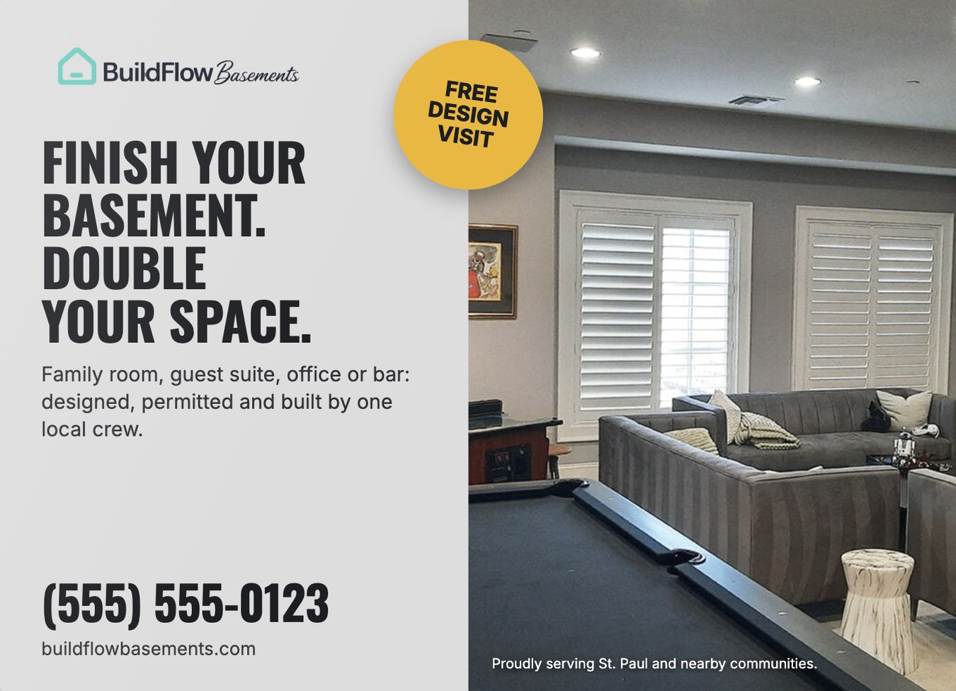 Postcard front: Finish your basement. Double your space. Free design visit.